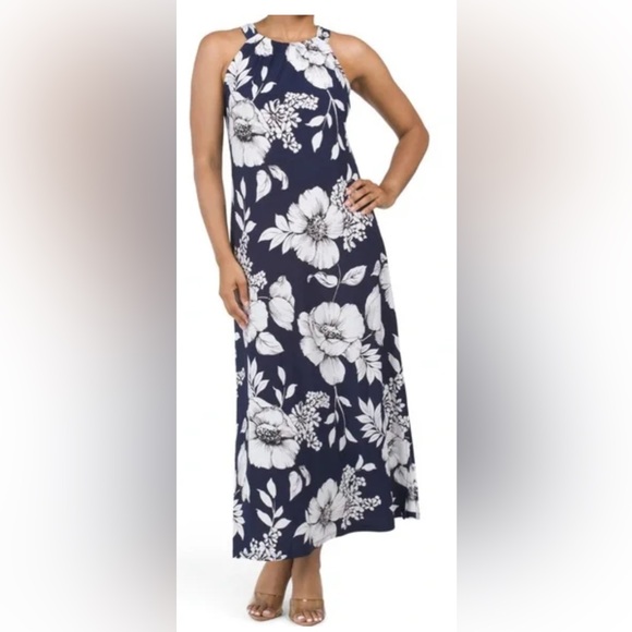 NWT ANNE KLEIN NAVY AND WHITE HALTER MAXI DRESS, Sz 12 - Picture 1 of 7